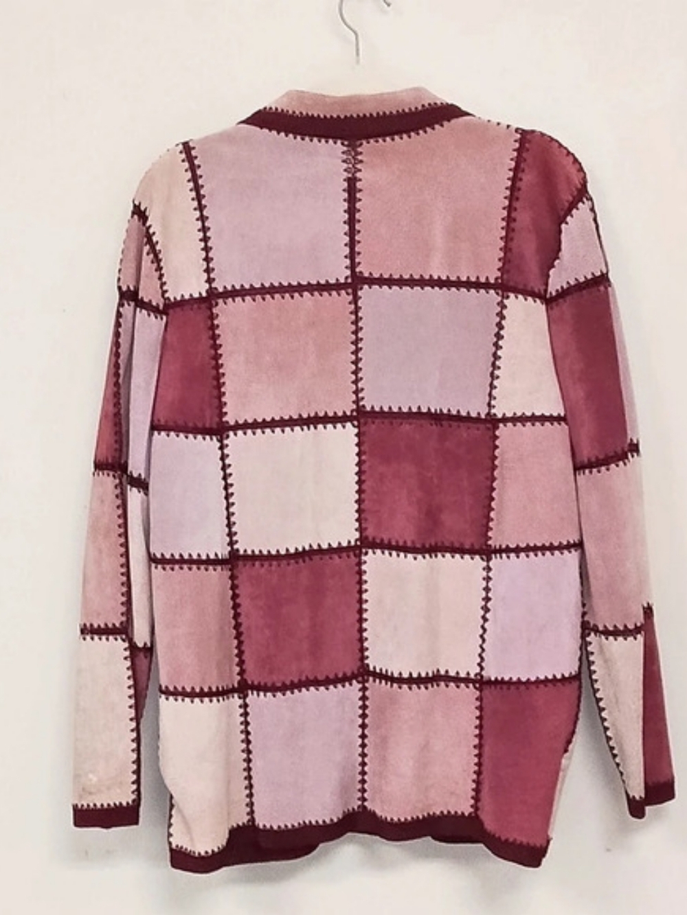 Denim & Co. Vintage Color Block Suede Leather Crochet Pink Burgundy Jacket Large - Picture 3 of 10
